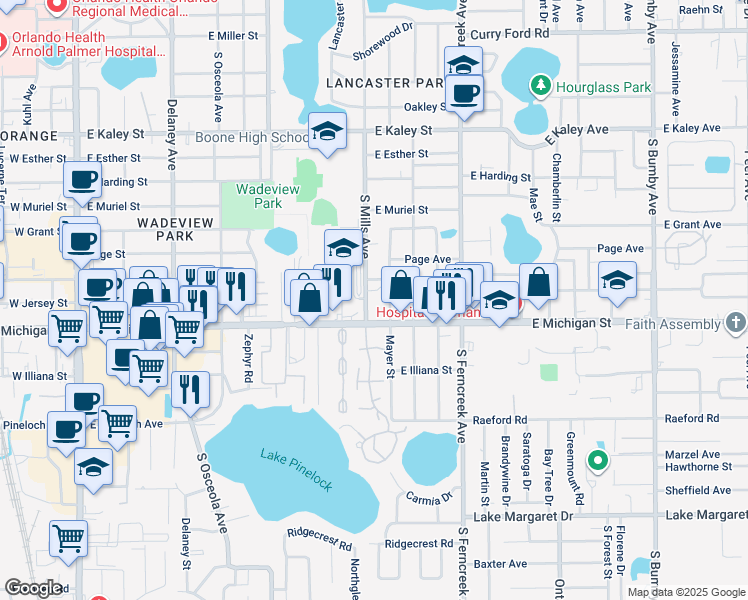 map of restaurants, bars, coffee shops, grocery stores, and more near 2551 South Mills Avenue in Orlando