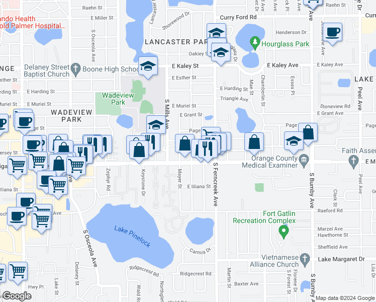 map of restaurants, bars, coffee shops, grocery stores, and more near 2602 South Brown Avenue in Orlando
