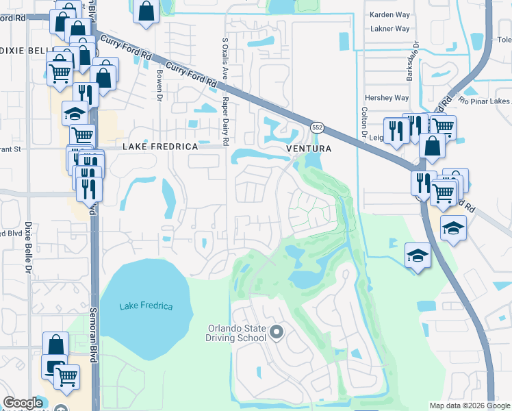 map of restaurants, bars, coffee shops, grocery stores, and more near 3002 Clubview Drive in Orlando