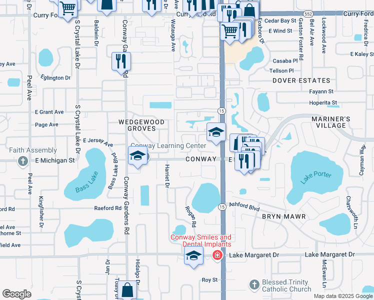 map of restaurants, bars, coffee shops, grocery stores, and more near 4083 East Michigan Street in Orlando