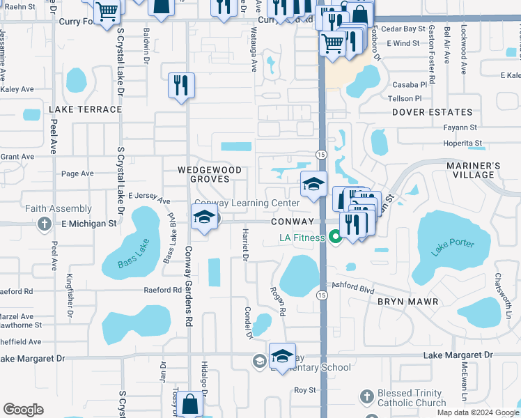 map of restaurants, bars, coffee shops, grocery stores, and more near 4083 East Michigan Street in Orlando