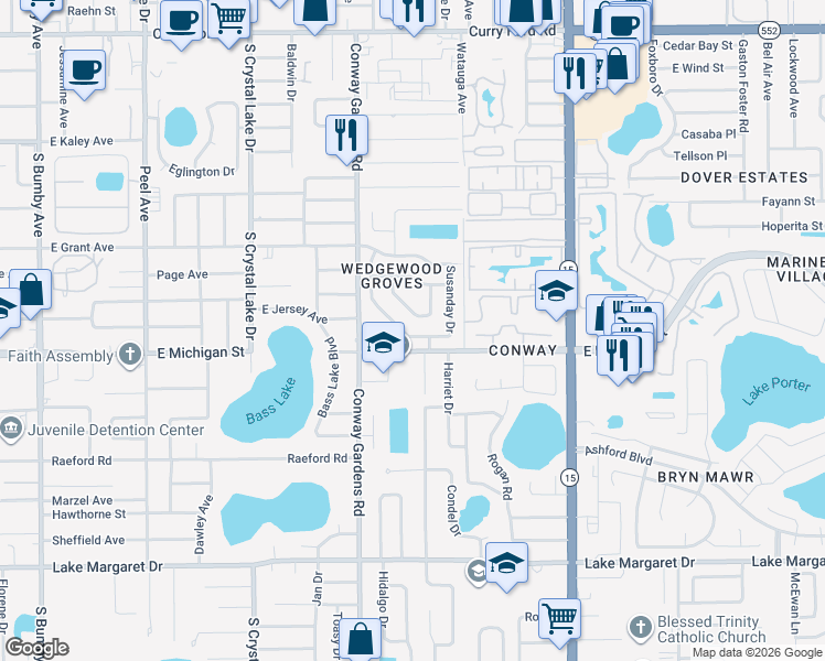 map of restaurants, bars, coffee shops, grocery stores, and more near 2820 Donaldson Drive in Orlando
