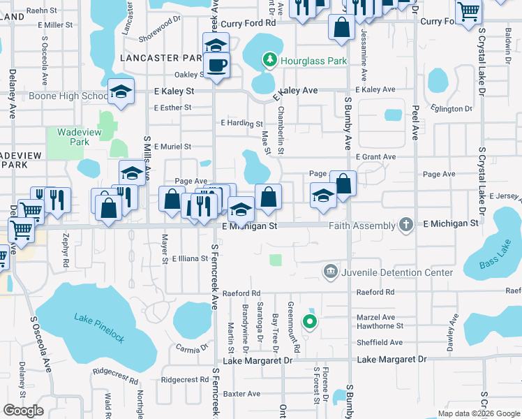 map of restaurants, bars, coffee shops, grocery stores, and more near 2609 Ives Avenue in Orlando