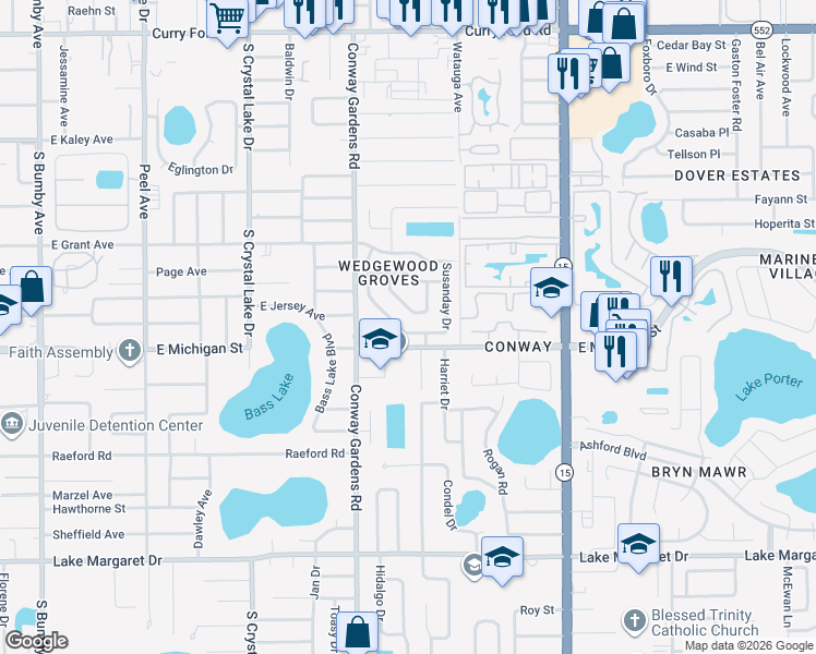 map of restaurants, bars, coffee shops, grocery stores, and more near 2820 Donaldson Drive in Orlando