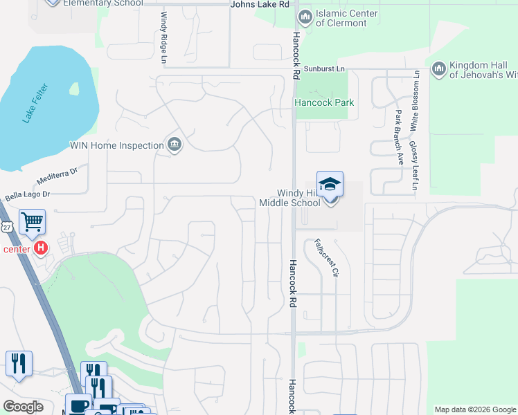 map of restaurants, bars, coffee shops, grocery stores, and more near 3613 Westerham Drive in Clermont