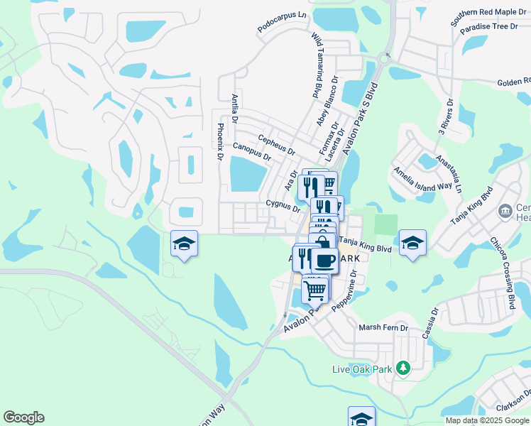 map of restaurants, bars, coffee shops, grocery stores, and more near 3054 Merak Alley in Orlando