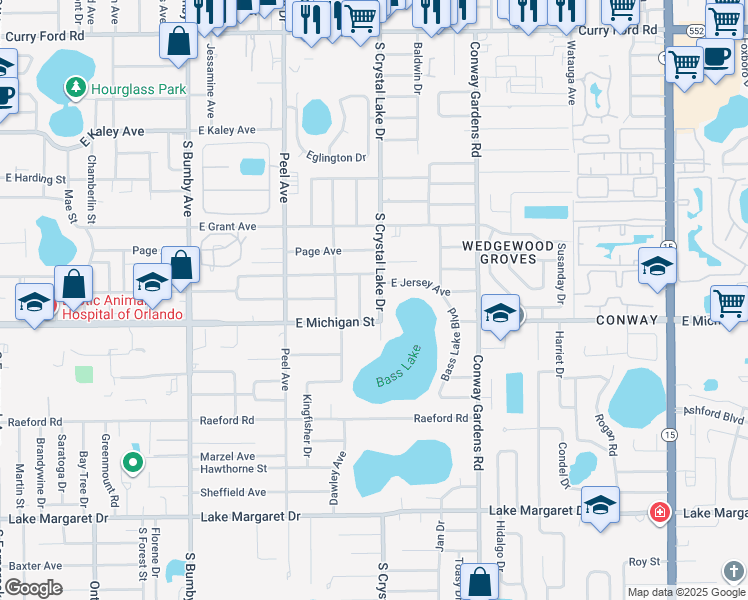 map of restaurants, bars, coffee shops, grocery stores, and more near 2616 South Crystal Lake Drive in Orlando