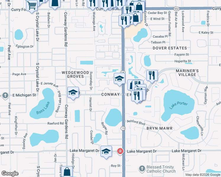 map of restaurants, bars, coffee shops, grocery stores, and more near 4201 East Michigan Street in Orlando