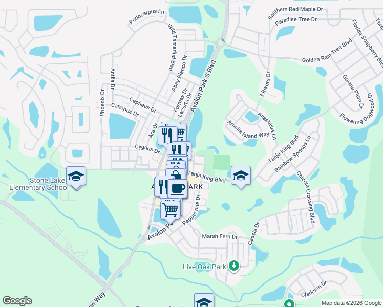 map of restaurants, bars, coffee shops, grocery stores, and more near 13028 Auburn Cove Lane in Orlando