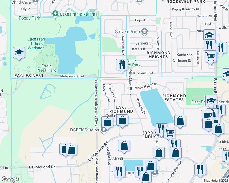 map of restaurants, bars, coffee shops, grocery stores, and more near 2674 Ravenall Avenue in Orlando
