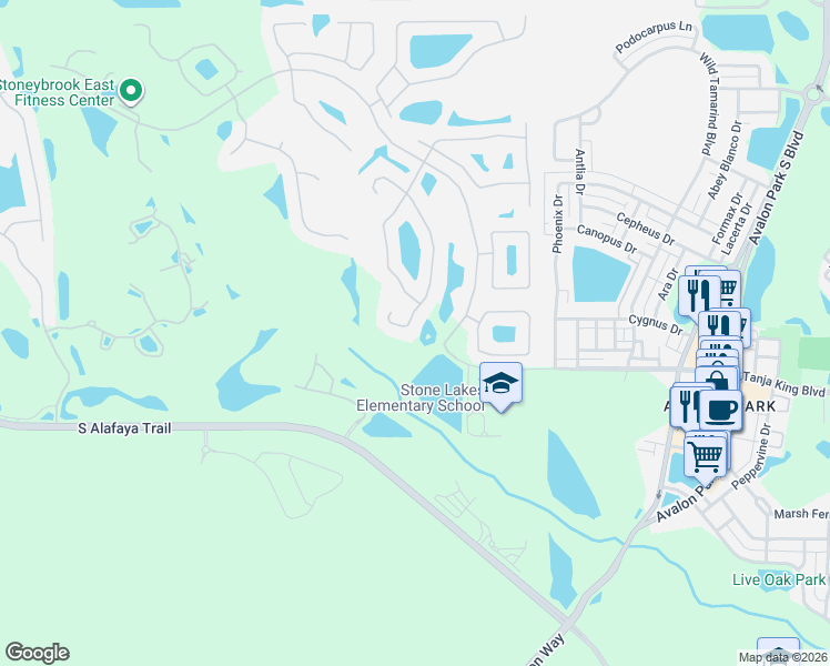 map of restaurants, bars, coffee shops, grocery stores, and more near 2613 Corbyton Court in Orlando