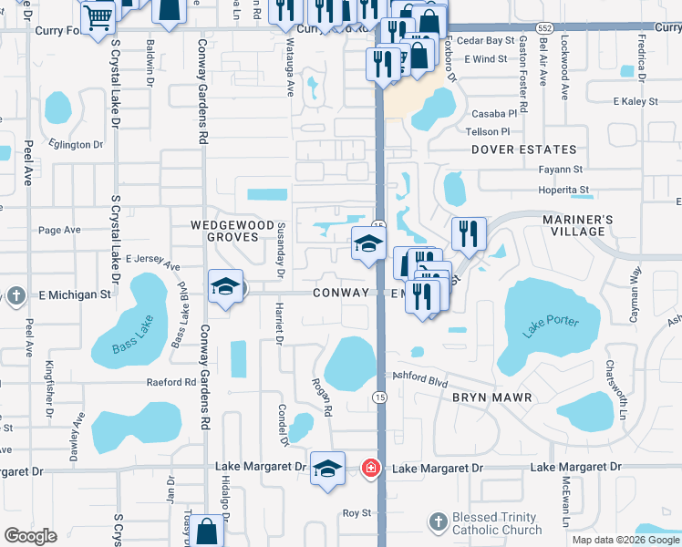map of restaurants, bars, coffee shops, grocery stores, and more near 4213 East Michigan Street in Orlando