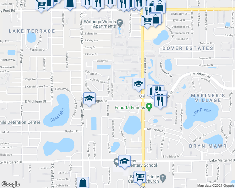 map of restaurants, bars, coffee shops, grocery stores, and more near 4083 East Michigan Street in Orlando
