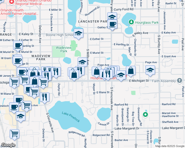 map of restaurants, bars, coffee shops, grocery stores, and more near 2540 Mayer Street in Orlando