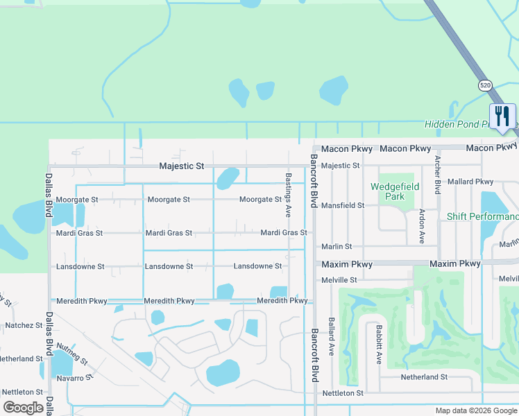 map of restaurants, bars, coffee shops, grocery stores, and more near 19715 Mardi Gras Street in Orlando