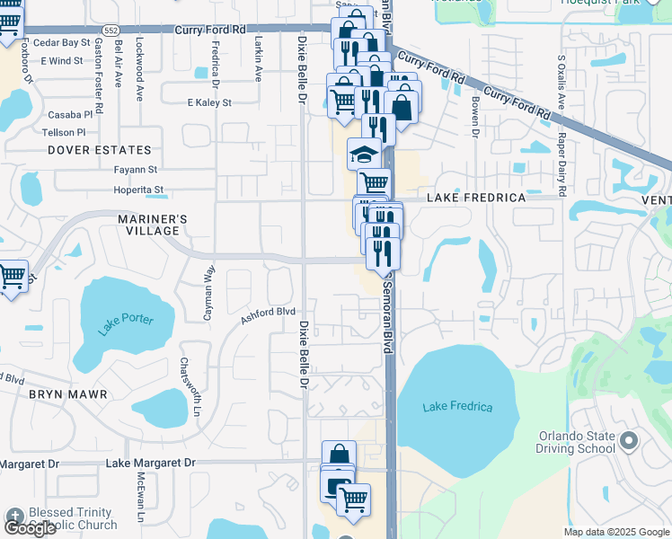 map of restaurants, bars, coffee shops, grocery stores, and more near 2956 South Semoran Boulevard in Orlando