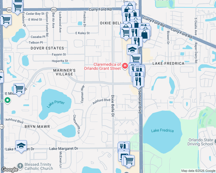 map of restaurants, bars, coffee shops, grocery stores, and more near 5444 East Michigan Street in Orlando