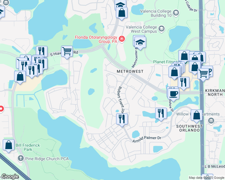 map of restaurants, bars, coffee shops, grocery stores, and more near 2782 Monticello Place in Orlando