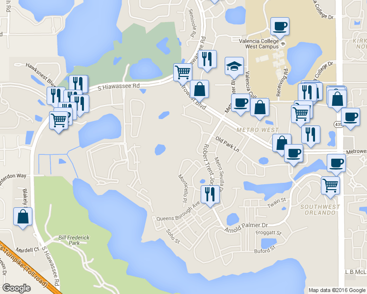 map of restaurants, bars, coffee shops, grocery stores, and more near 2782 Monticello Place in Orlando