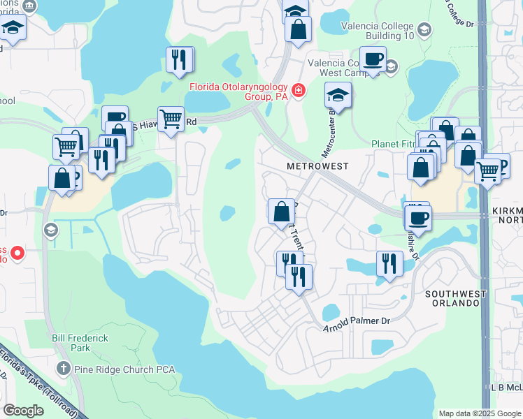 map of restaurants, bars, coffee shops, grocery stores, and more near 2782 Monticello Place in Orlando