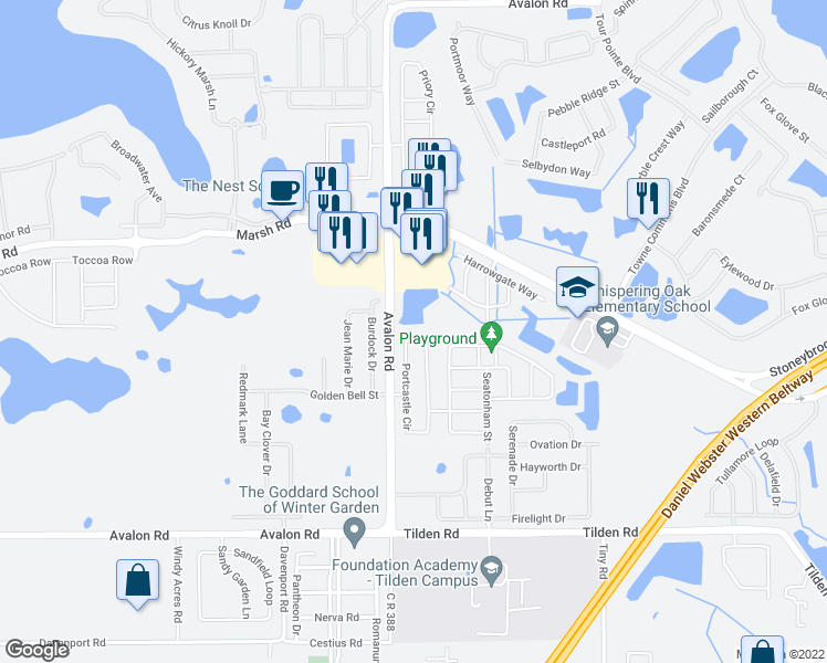 map of restaurants, bars, coffee shops, grocery stores, and more near 1831 Portcastle Circle in Winter Garden