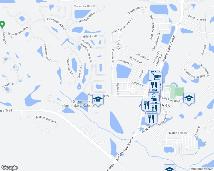 map of restaurants, bars, coffee shops, grocery stores, and more near 14879 Hawksmoor Run Circle in Orlando