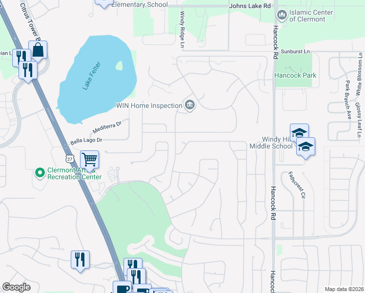 map of restaurants, bars, coffee shops, grocery stores, and more near 3500 Westerham Drive in Clermont