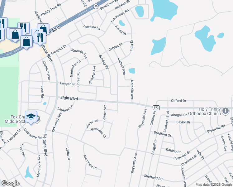 map of restaurants, bars, coffee shops, grocery stores, and more near 10199 Elgin Boulevard in Spring Hill