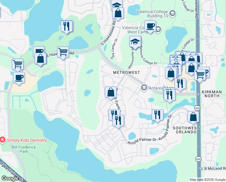 map of restaurants, bars, coffee shops, grocery stores, and more near 2648 Robert Trent Jones Drive in Orlando