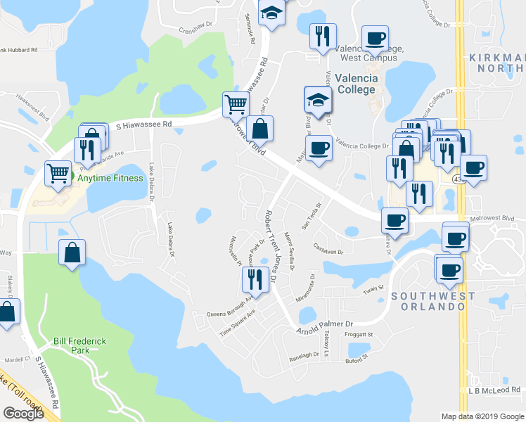 map of restaurants, bars, coffee shops, grocery stores, and more near 2648 Robert Trent Jones Drive in Orlando