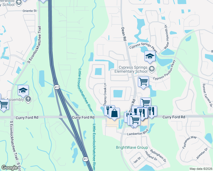 map of restaurants, bars, coffee shops, grocery stores, and more near 2713 Osprey Creek Lane in Orlando