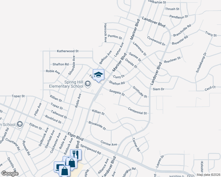 map of restaurants, bars, coffee shops, grocery stores, and more near 12449 Shafton Road in Spring Hill