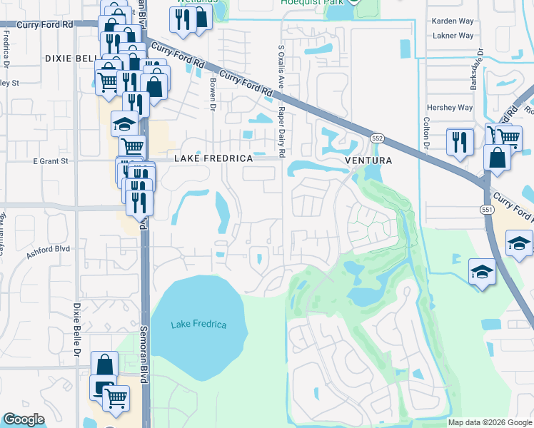 map of restaurants, bars, coffee shops, grocery stores, and more near 6019 Scotchwood Glen in Orlando