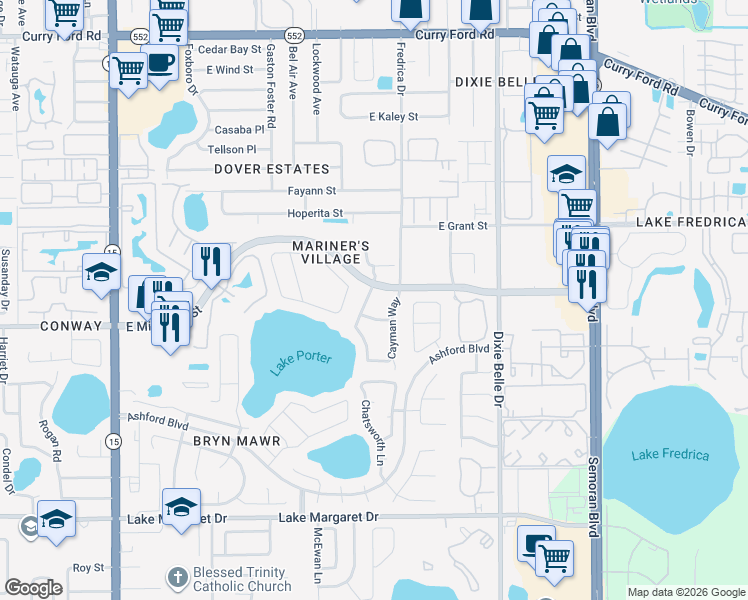 map of restaurants, bars, coffee shops, grocery stores, and more near 2659 Dominica Drive in Orlando