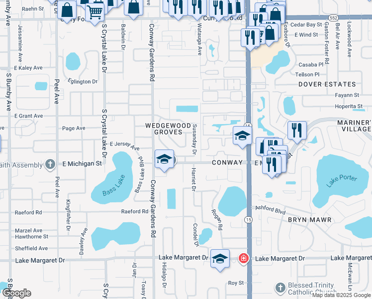 map of restaurants, bars, coffee shops, grocery stores, and more near 2824 Waymeyer Drive in Orlando