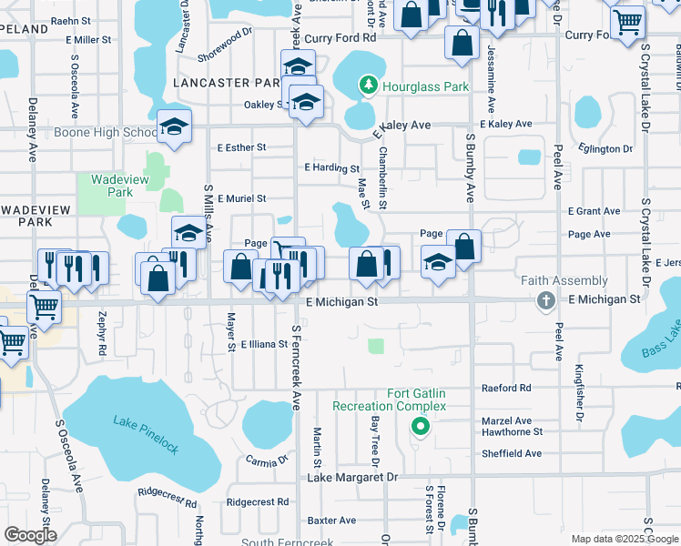 map of restaurants, bars, coffee shops, grocery stores, and more near 1715 East Jersey Street in Orlando