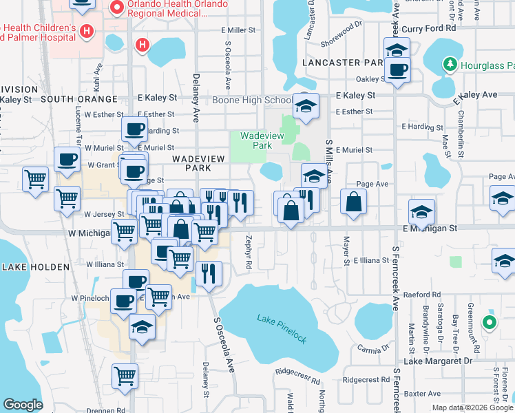 map of restaurants, bars, coffee shops, grocery stores, and more near 519 East Crystal Lake Street in Orlando