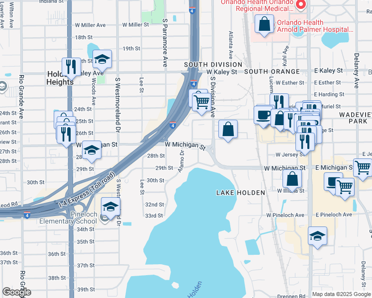 map of restaurants, bars, coffee shops, grocery stores, and more near 601 West Michigan Street in Orlando