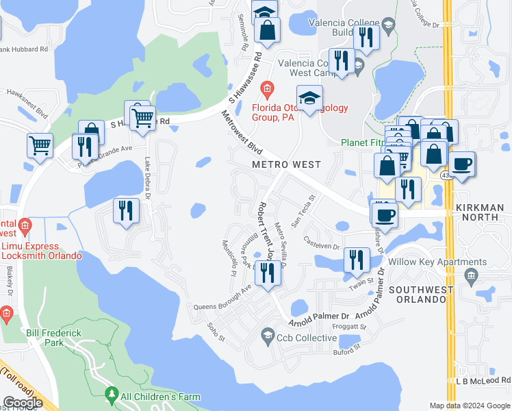 map of restaurants, bars, coffee shops, grocery stores, and more near 2632 Robert Trent Jones Drive in Orlando