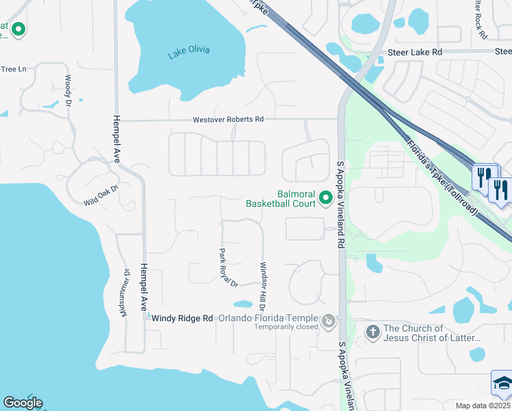 map of restaurants, bars, coffee shops, grocery stores, and more near 2526 Nobleman Court in Windermere