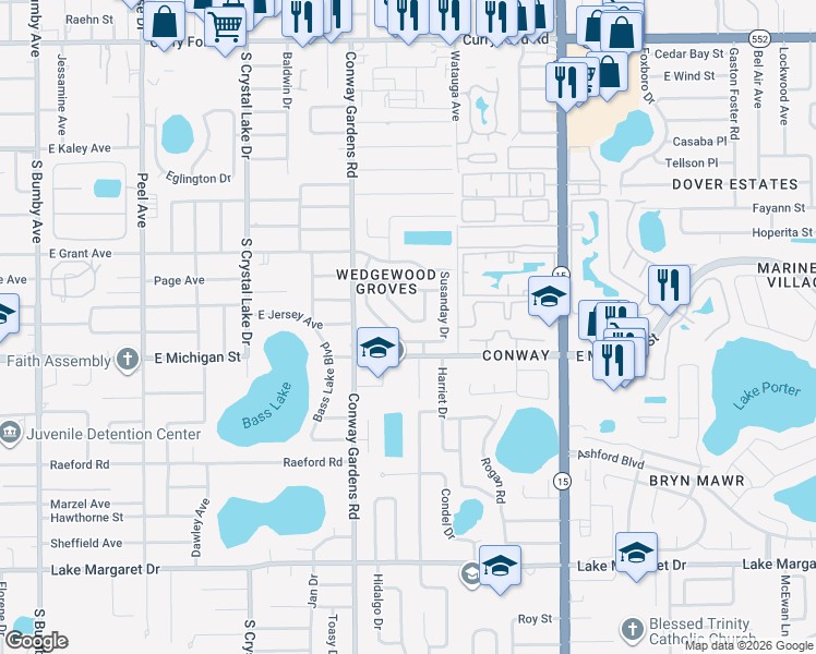 map of restaurants, bars, coffee shops, grocery stores, and more near 2641 Waymeyer Drive in Orlando