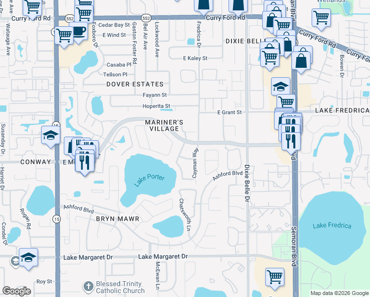 map of restaurants, bars, coffee shops, grocery stores, and more near 2659 Dominica Drive in Orlando