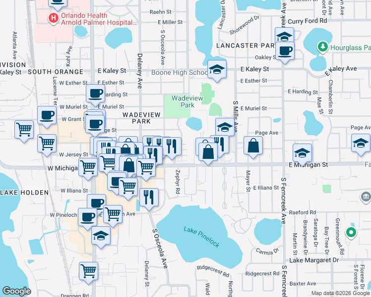 map of restaurants, bars, coffee shops, grocery stores, and more near 587 Edgerly Place in Orlando