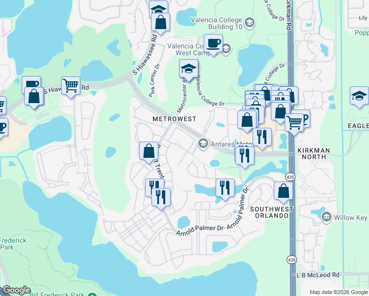map of restaurants, bars, coffee shops, grocery stores, and more near 6402 Cava Alta Drive in Orlando