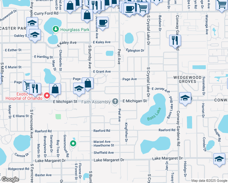 map of restaurants, bars, coffee shops, grocery stores, and more near 2428 Peel Avenue in Orlando