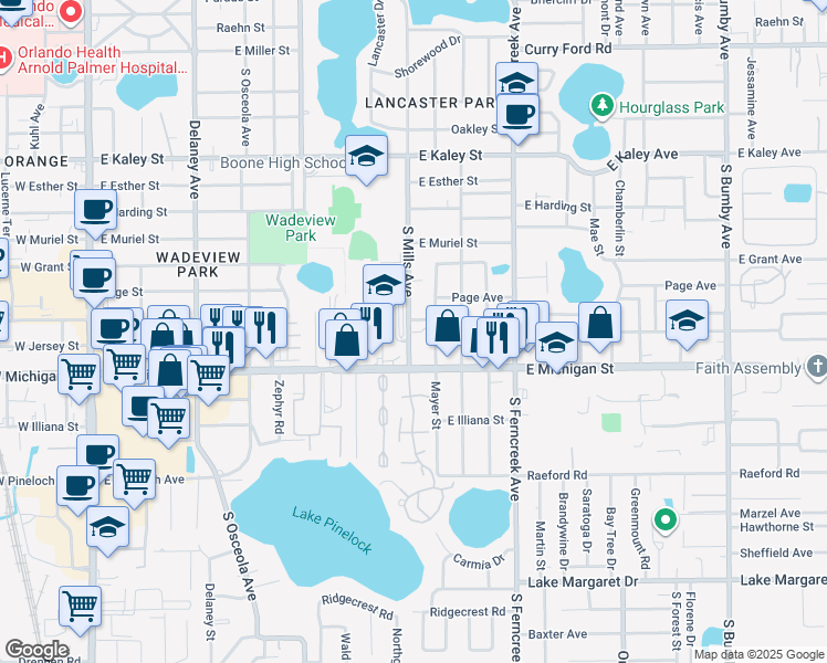 map of restaurants, bars, coffee shops, grocery stores, and more near 2500 South Mills Avenue in Orlando