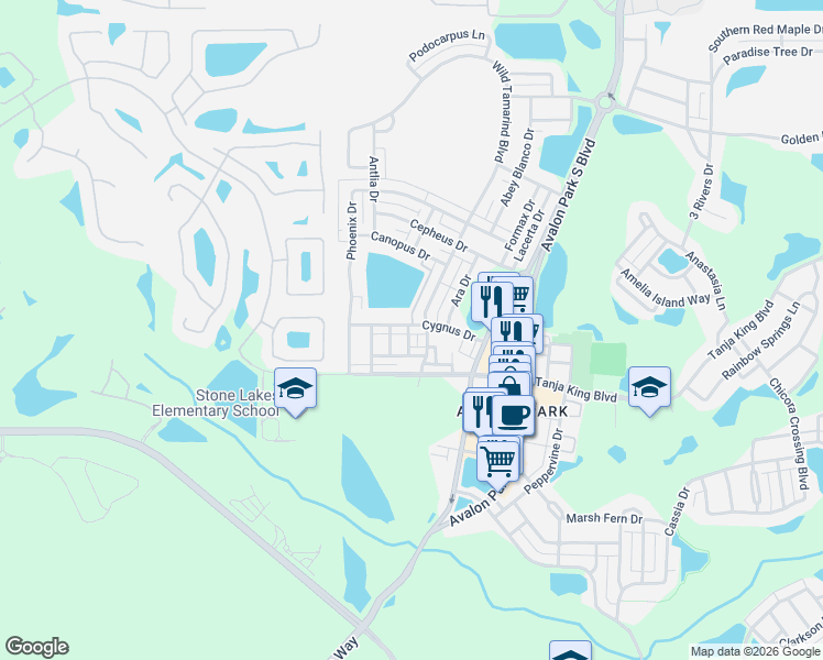 map of restaurants, bars, coffee shops, grocery stores, and more near 13643 Cygnus Drive in Orlando