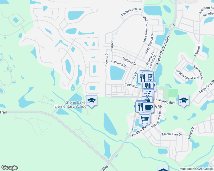 map of restaurants, bars, coffee shops, grocery stores, and more near 13314 Phoenix Drive in Orlando