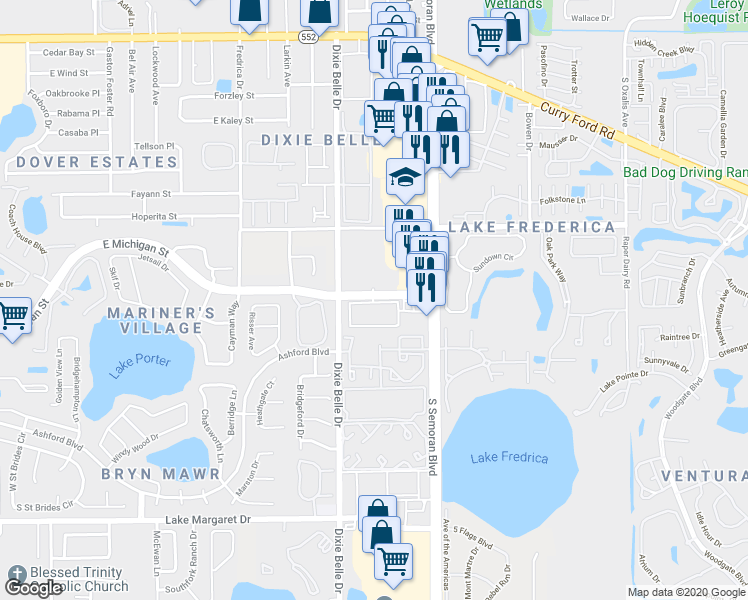 map of restaurants, bars, coffee shops, grocery stores, and more near 5501 East Michigan Street in Orlando