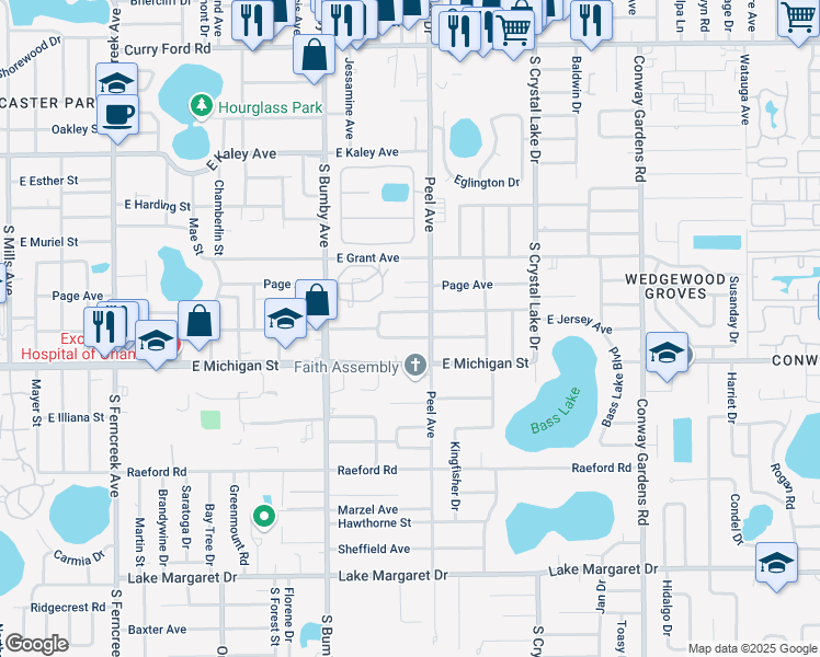 map of restaurants, bars, coffee shops, grocery stores, and more near 2428 Peel Avenue in Orlando